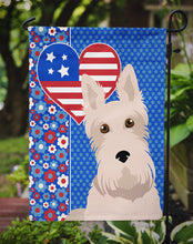 Load image into Gallery viewer, Wheaten Scottish Terrier Patriotic Heart Garden Flag – Red, White &amp; Blue Dog Decor with Star Background