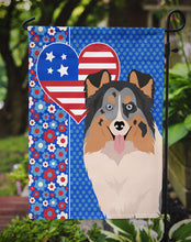 Load image into Gallery viewer, Blue Merle Sheltie Patriotic Heart Garden Flag – Red, White &amp; Blue Dog Decor with Star Background