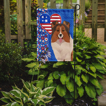 Load image into Gallery viewer, Sable Sheltie Patriotic Heart Garden Flag – Red, White &amp; Blue Dog Decor with Star Background
