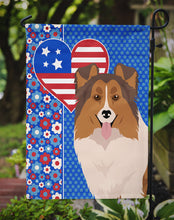 Load image into Gallery viewer, Sable Sheltie Patriotic Heart Garden Flag – Red, White &amp; Blue Dog Decor with Star Background