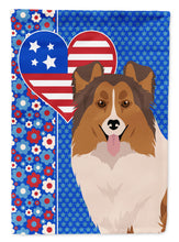Load image into Gallery viewer, Sable Sheltie Patriotic Heart Garden Flag – Red, White &amp; Blue Dog Decor with Star Background