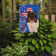 Load image into Gallery viewer, Tricolor Sheltie Patriotic Heart Garden Flag – Red, White &amp; Blue Dog Decor with Star Background