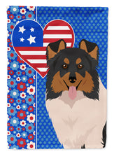 Load image into Gallery viewer, Tricolor Sheltie Patriotic Heart Garden Flag – Red, White &amp; Blue Dog Decor with Star Background