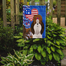 Load image into Gallery viewer, Red and White Shih Tzu Patriotic Heart Garden Flag – Red, White &amp; Blue Dog Decor with Star Background