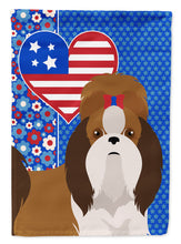 Load image into Gallery viewer, Red and White Shih Tzu Patriotic Heart Garden Flag – Red, White &amp; Blue Dog Decor with Star Background