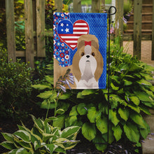 Load image into Gallery viewer, Gold and White Shih Tzu Patriotic Heart Garden Flag – Red, White &amp; Blue Dog Decor with Star Background