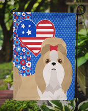 Load image into Gallery viewer, Gold and White Shih Tzu Patriotic Heart Garden Flag – Red, White &amp; Blue Dog Decor with Star Background