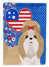 Load image into Gallery viewer, Gold and White Shih Tzu Patriotic Heart Garden Flag – Red, White &amp; Blue Dog Decor with Star Background