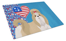 Load image into Gallery viewer, Gold and White Shih Tzu USA American Glass Cutting Boards – Durable, Decorative Kitchen Art Large