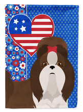 Load image into Gallery viewer, Liver and White Shih Tzu Patriotic Heart Garden Flag – Red, White &amp; Blue Dog Decor with Star Background