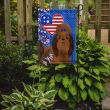 Load image into Gallery viewer, Red Shih Tzu Patriotic Heart Garden Flag – Red, White &amp; Blue Dog Decor with Star Background