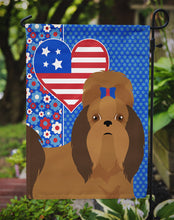 Load image into Gallery viewer, Red Shih Tzu Patriotic Heart Garden Flag – Red, White &amp; Blue Dog Decor with Star Background