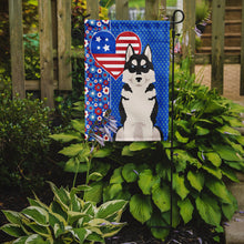 Load image into Gallery viewer, Black Siberian Husky Patriotic Heart Garden Flag – Red, White &amp; Blue Dog Decor with Star Background