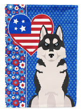 Load image into Gallery viewer, Black Siberian Husky Patriotic Heart Garden Flag – Red, White &amp; Blue Dog Decor with Star Background