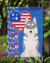 Load image into Gallery viewer, Grey Siberian Husky Patriotic Heart Garden Flag – Red, White &amp; Blue Dog Decor with Star Background