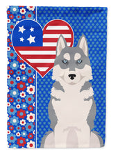 Load image into Gallery viewer, Grey Siberian Husky Patriotic Heart Garden Flag – Red, White &amp; Blue Dog Decor with Star Background