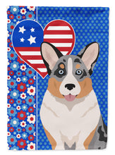 Load image into Gallery viewer, Blue Merle Cardigan Corgi Patriotic Heart Garden Flag – Red, White &amp; Blue Dog Decor with Star Background