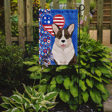 Load image into Gallery viewer, Brindle Cardigan Corgi Patriotic Heart Garden Flag – Red, White &amp; Blue Dog Decor with Star Background