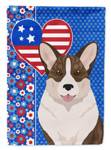 Load image into Gallery viewer, Brindle Cardigan Corgi Patriotic Heart Garden Flag – Red, White &amp; Blue Dog Decor with Star Background