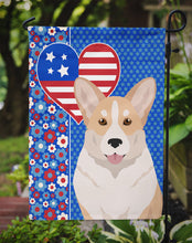 Load image into Gallery viewer, Fawn Cardigan Corgi Patriotic Heart Garden Flag – Red, White &amp; Blue Dog Decor with Star Background