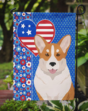 Load image into Gallery viewer, Red Cardigan Corgi Patriotic Heart Garden Flag – Red, White &amp; Blue Dog Decor with Star Background