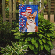 Load image into Gallery viewer, Red Pembroke Corgi Patriotic Heart Garden Flag – Red, White &amp; Blue Dog Decor with Star Background