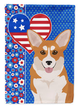 Load image into Gallery viewer, Red Pembroke Corgi Patriotic Heart Garden Flag – Red, White &amp; Blue Dog Decor with Star Background