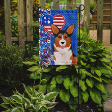 Load image into Gallery viewer, Sable Pembroke Corgi Patriotic Heart Garden Flag – Red, White &amp; Blue Dog Decor with Star Background