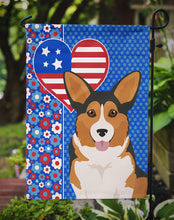 Load image into Gallery viewer, Sable Pembroke Corgi Patriotic Heart Garden Flag – Red, White &amp; Blue Dog Decor with Star Background