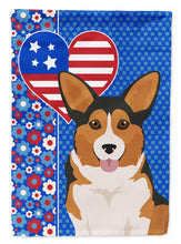 Load image into Gallery viewer, Sable Pembroke Corgi Patriotic Heart Garden Flag – Red, White &amp; Blue Dog Decor with Star Background