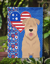 Load image into Gallery viewer, Red Wheaten Terrier Patriotic Heart Garden Flag – Red, White &amp; Blue Dog Decor with Star Background