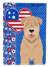 Load image into Gallery viewer, Red Wheaten Terrier Patriotic Heart Garden Flag – Red, White &amp; Blue Dog Decor with Star Background