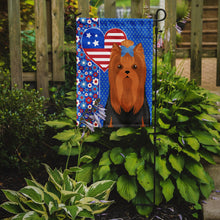 Load image into Gallery viewer, Black and Tan Full Coat Yorkshire Terrier Patriotic Heart Garden Flag – Red, White &amp; Blue Dog Decor with Star Background