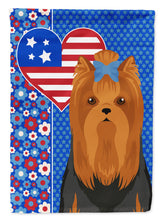 Load image into Gallery viewer, Black and Tan Full Coat Yorkshire Terrier Patriotic Heart Garden Flag – Red, White &amp; Blue Dog Decor with Star Background