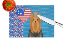 Load image into Gallery viewer, Black and Tan Full Coat Yorkshire Terrier USA American Glass Cutting Boards – Durable, Decorative Kitchen Art Large