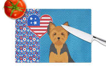 Load image into Gallery viewer, Black and Tan Puppy Cut Yorkshire Terrier USA American Glass Cutting Boards – Durable, Decorative Kitchen Art Large
