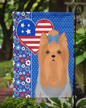 Load image into Gallery viewer, Blue and Tan Full Coat Yorkshire Terrier Patriotic Heart Garden Flag – Red, White &amp; Blue Dog Decor with Star Background