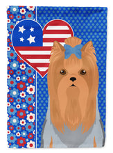 Load image into Gallery viewer, Blue and Tan Full Coat Yorkshire Terrier Patriotic Heart Garden Flag – Red, White &amp; Blue Dog Decor with Star Background