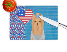 Load image into Gallery viewer, Blue and Tan Full Coat Yorkshire Terrier USA American Glass Cutting Boards – Durable, Decorative Kitchen Art Large