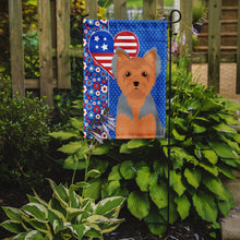 Load image into Gallery viewer, Blue and Tan Puppy Cut Yorkshire Terrier Patriotic Heart Garden Flag – Red, White &amp; Blue Dog Decor with Star Background