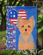 Load image into Gallery viewer, Blue and Tan Puppy Cut Yorkshire Terrier Patriotic Heart Garden Flag – Red, White &amp; Blue Dog Decor with Star Background