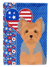 Load image into Gallery viewer, Blue and Tan Puppy Cut Yorkshire Terrier Patriotic Heart Garden Flag – Red, White &amp; Blue Dog Decor with Star Background