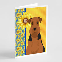 Load image into Gallery viewer, Summer Sunflowers Black and Tan Airedale Terrier Greeting Cards -  Blank Note Cards – 8-Pack of Artist-Designed Cards with Envelopes
