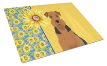 Load image into Gallery viewer, Summer Sunflowers Black and Tan Airedale Terrier Glass Cutting Boards – Durable, Decorative Kitchen Art Large