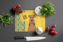 Load image into Gallery viewer, Summer Sunflowers Grizzle and Tan Airedale Terrier Glass Cutting Boards – Durable, Decorative Kitchen Art Large