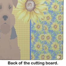 Load image into Gallery viewer, Summer Sunflowers Grizzle and Tan Airedale Terrier Glass Cutting Boards – Durable, Decorative Kitchen Art Large