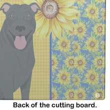 Load image into Gallery viewer, Summer Sunflowers Black Pit Bull Terrier Glass Cutting Boards – Durable, Decorative Kitchen Art Large