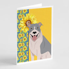 Load image into Gallery viewer, Summer Sunflowers Blue and White Pit Bull Terrier Greeting Cards -  Blank Note Cards – 8-Pack of Artist-Designed Cards with Envelopes