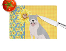 Load image into Gallery viewer, Summer Sunflowers Blue and White Pit Bull Terrier Glass Cutting Boards – Durable, Decorative Kitchen Art Large