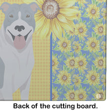 Load image into Gallery viewer, Summer Sunflowers Blue and White Pit Bull Terrier Glass Cutting Boards – Durable, Decorative Kitchen Art Large